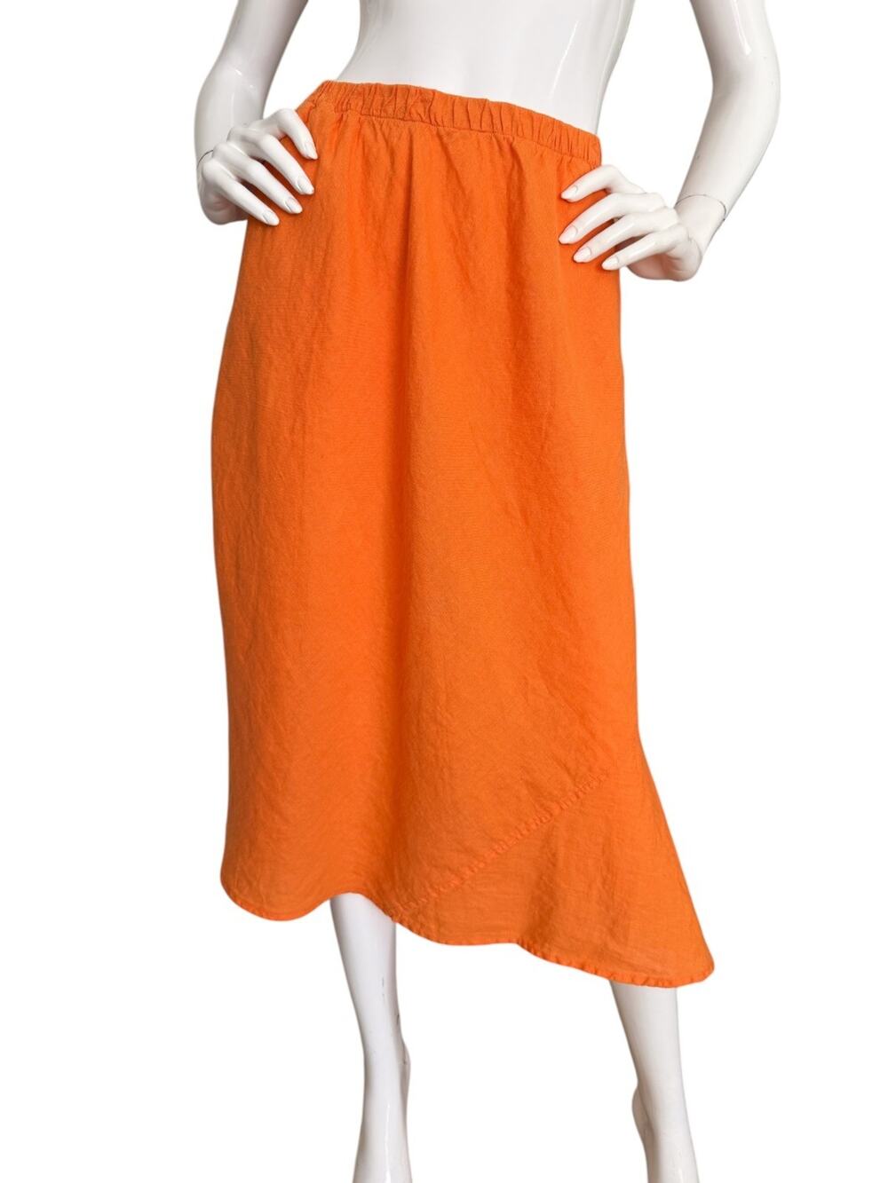SOLD* Flax Linen Midi Skirt Medium Orange A-Line Lagenlook Elastic Waist Boho